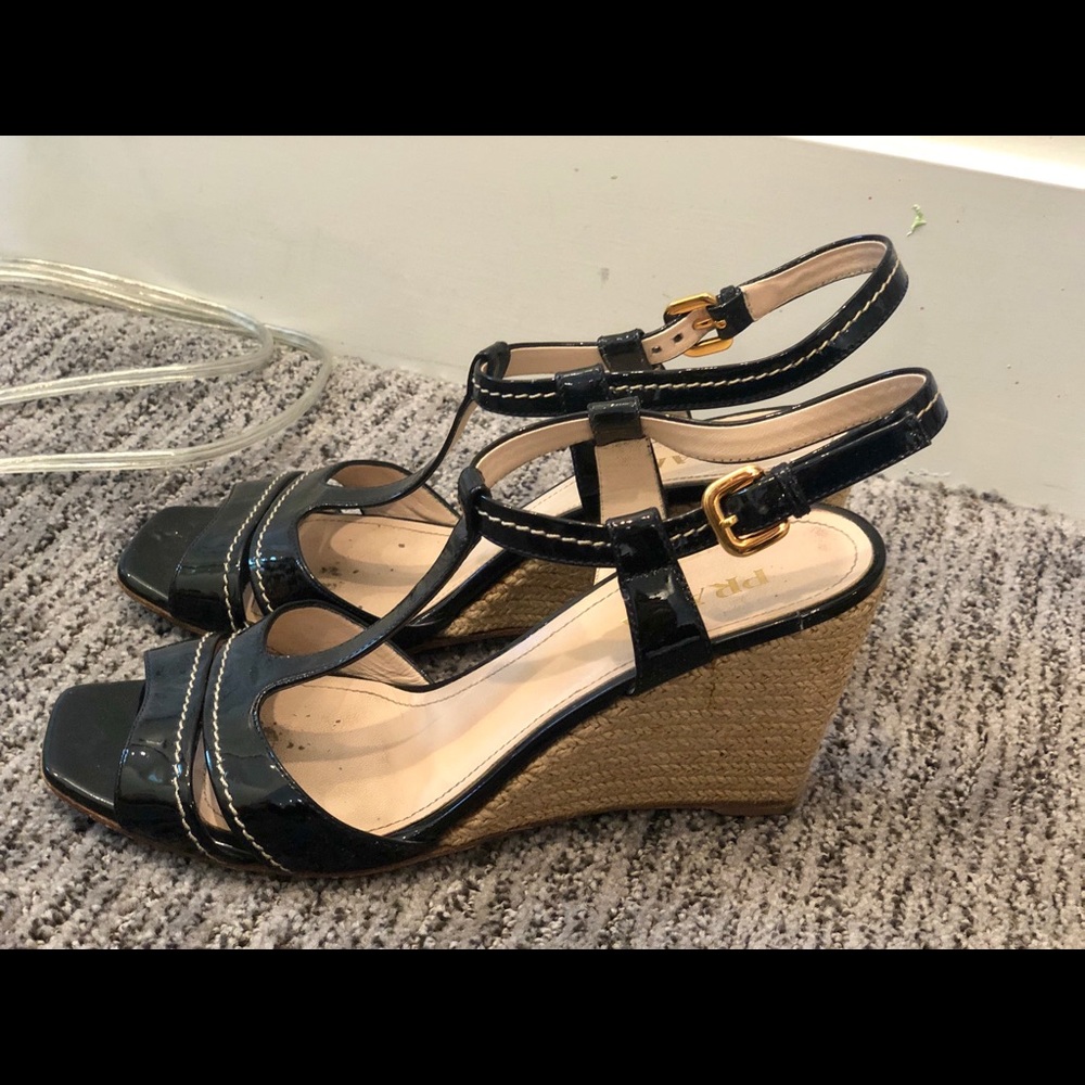 Prada navy patent leather espadrille wedge sandal